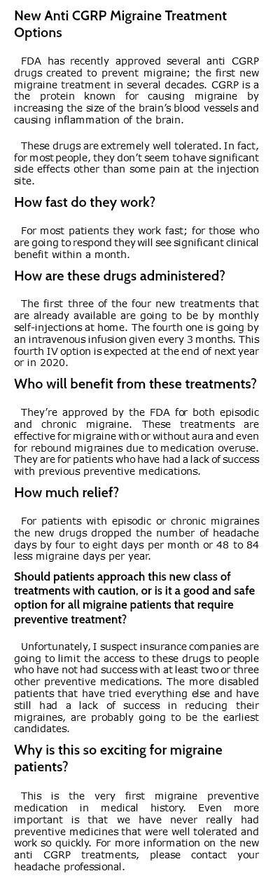 New Anti CGRP Migraine Treatment Options FDA has recently approved several anti CGRP drugs created to prevent migraine; the first new migraine treatment in several decades. CGRP is a the protein known for causing migraine by increasing the size of the brain’s blood vessels and causing inflammation of the brain. These drugs are extremely well tolerated. In fact, for most people, they don’t seem to have significant side effects other than some pain at the injection site. How fast do they work? For most patients they work fast; for those who are going to respond they will see significant clinical benefit within a month. How are these drugs administered? The first three of the four new treatments that are already available are going to be by monthly self-injections at home. The fourth one is going by an intravenous infusion given every 3 months. This fourth IV option is expected at the end of next year or in 2020. Who will benefit from these treatments? They’re approved by the FDA for both episodic and chronic migraine. These treatments are effective for migraine with or without aura and even for rebound migraines due to medication overuse. They are for patients who have had a lack of success with previous preventive medications. How much relief? For patients with episodic or chronic migraines the new drugs dropped the number of headache days by four to eight days per month or 48 to 84 less migraine days per year. Should patients approach this new class of treatments with caution, or is it a good and safe option for all migraine patients that require preventive treatment? Unfortunately, I suspect insurance companies are going to limit the access to these drugs to people who have not had success with at least two or three other preventive medications. The more disabled patients that have tried everything else and have still had a lack of success in reducing their migraines, are probably going to be the earliest candidates. Why is this so exciting for migraine patients? This is the very first migraine preventive medication in medical history. Even more important is that we have never really had preventive medicines that were well tolerated and work so quickly. For more information on the new anti CGRP treatments, please contact your headache professional.